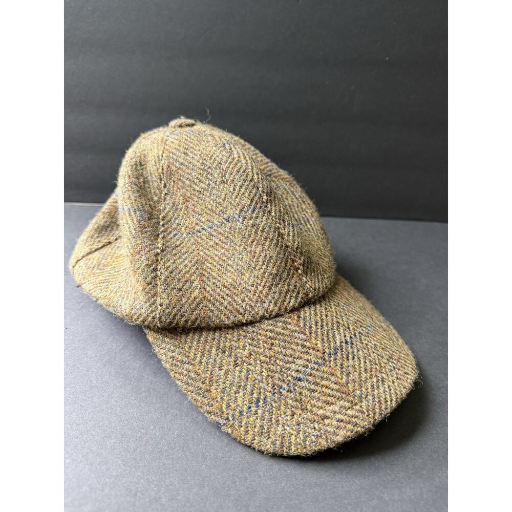 VTG Harris Tweed Wool Cap Brown Herringbone Newsboy Driving Hat Adjustable